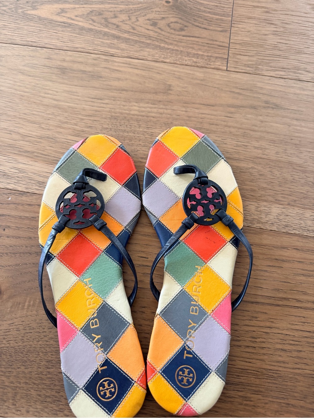 Tory Burch Multicolor Patchwork Leather Miller Sandals with Navy Logo